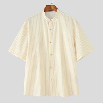 AIDASE  -  Men Striped Shirt Stand Collar Short Sleeve Button Loose Men Clothing Summer Streetwear 2025 Fashion Casual Male Shirts aidase-shop